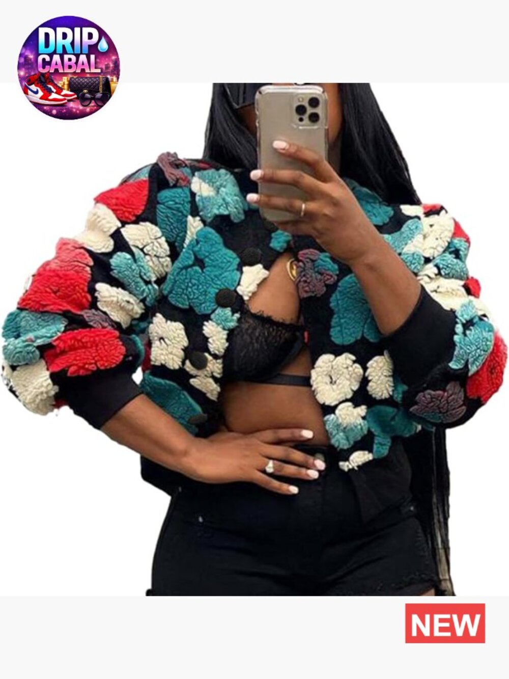 Cropped Floral Print Shacket Bomber Jacket Fleece Long Sleeve